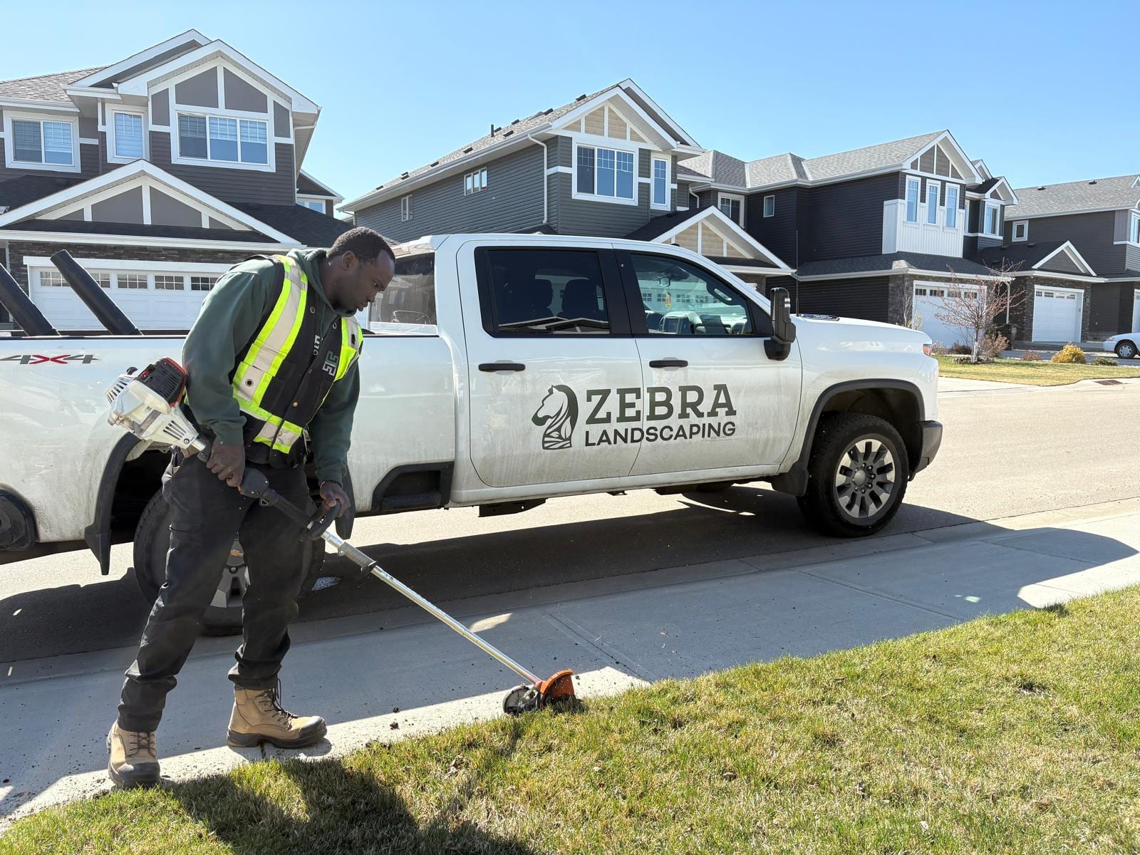 Zebra Landscaping crew member trimming a lawn edge beside a company truck
