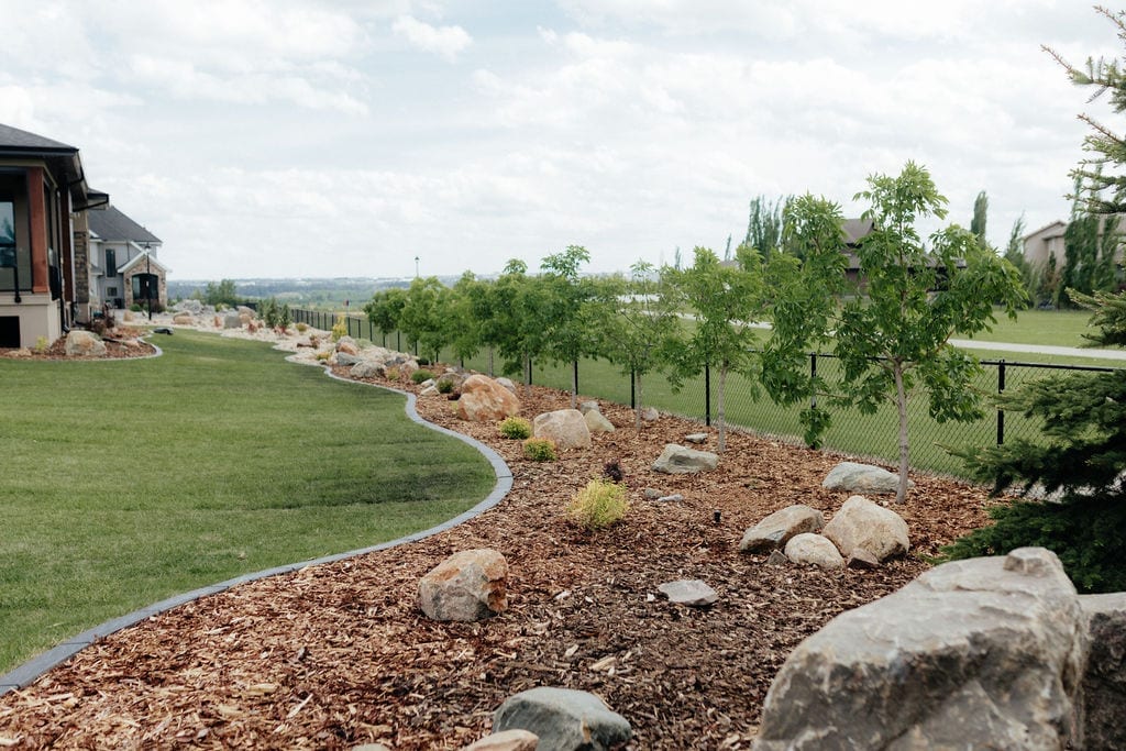 Curved rock bed with boulders and trees along a fresh lawn